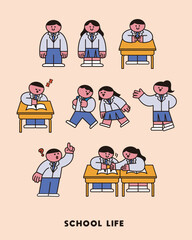 Illustration of school life characters of students wearing school uniforms set