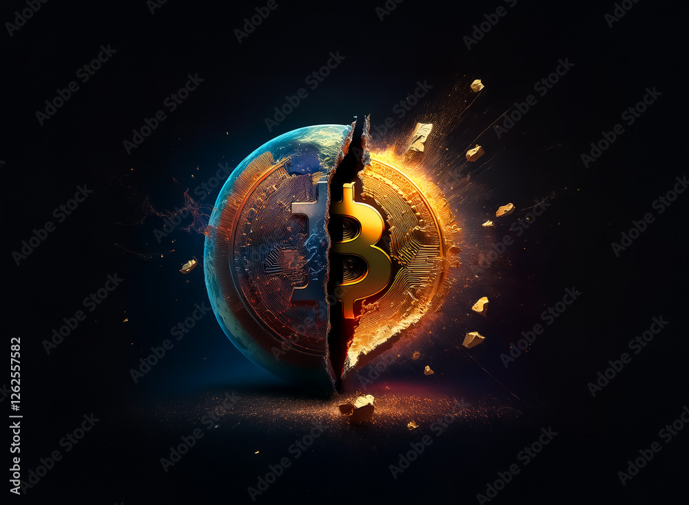 Poster coin split in two: earth-like half and fiery golden texture half, dark backdrop. explosion effect an