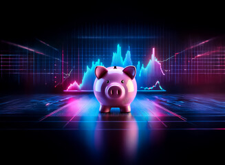 A pink piggy bank is centered against a glowing neon digital chart.  The scene evokes modern finance with vibrant blue and pink hues in a dark setting.