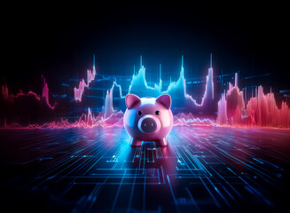 A pink piggy bank stands on a neon circuit board floor, illuminated by vibrant blue and red financial graphs in a dark background.