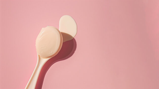 Brochas de maquillaje sobre fondo rosa pastel, concepto de belleza y cosm&eacute;tica.