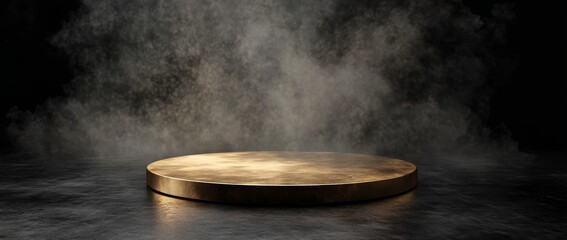 Round gold podium with smoke on black background for product presentation and design mockup