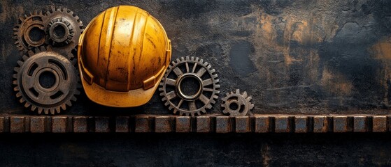 A yellow construction helmet rests beside a collection of rusty gears on a dark, textured surface in a workshop. This setup highlights industrial themes