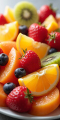 Obraz premium A beautifully arranged fruit salad in a white ceramic bowl, featuring strawberries, blueberries, kiwi, mango, grapes, and pomegranate seeds, garnished with fresh mint leaves for a vibrant and refreshi