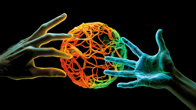 Two hands reaching for a vibrant, interconnected sphere; dark background; conceptual image for global connection or collaboration