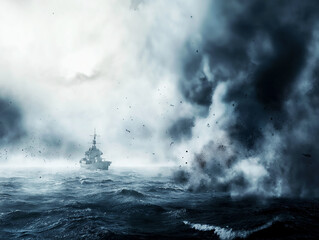 Warship navigating through a raging storm with dark ominous clouds