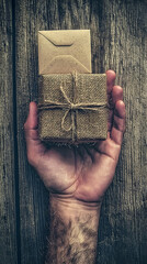 Fototapeta premium Hand holding rustic gift wrapped in craft paper on wooden table. Possible use showcasing handcrafted gifts