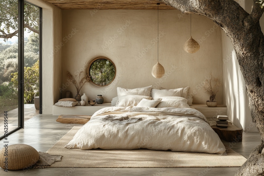 Aufkleber cozy and serene bedroom design with natural elements and light tones in a tranquil setting