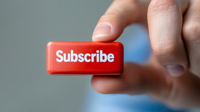 Red Subscribe Button in Hand on Blurred Background