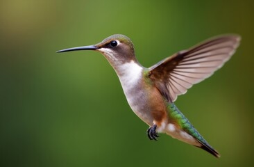 Close-up of a hummingbird mid-flight with wings spread wide, displaying iridescent green and brown plumage against a blurred green background