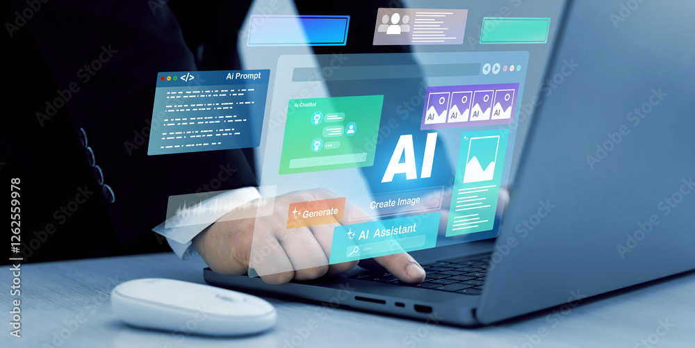 Poster Person using laptop with Ai Content Generator. Interaction with the Ai assistant to solve some tasks more easily. Image generator, documents, marketing and advertising, bot writing and coding.	