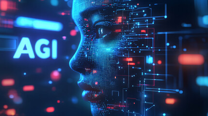 A futuristic digital representation of an artificial intelligence face with glowing circuits and AGI technology integration  
