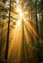 Fototapeta premium Sunlight through forest, misty air, golden light, tall trees, and natural atmosphere.