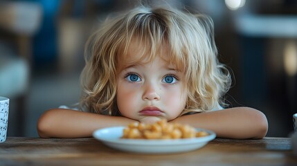 Child with sad expression waiting at a table with a plate of snacks