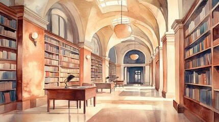 Evocative Watercolor Painting of a Grand High-Ceilinged Library with Majestic Architecture and Serene Ambiance