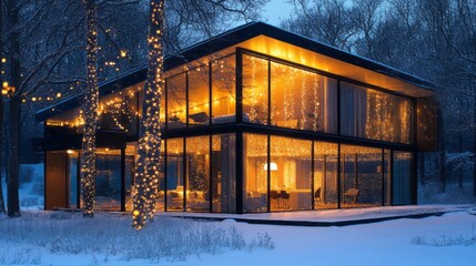 Obraz premium Modern house illuminated with festive lights in snowy landscape