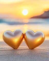 Fototapeta premium Two golden heart symbols at sunset on the beach, representing love and romance.