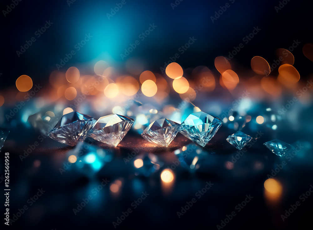 Poster Sparkling diamonds catch the light, scattered on a dark surface with a bokeh background.  The facets reflect orange and blue hues, creating a luxurious and elegant scene with depth.