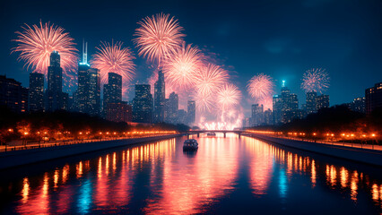 beautiful river with boats and a fireworks festival in the background. A new year's fireworks over the city. fireworks festival city skyline. Generative Ai