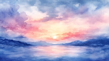 Soft watercolor cloudy sky background with gentle hues, creating a serene and dreamy atmosphere with soft, flowing clouds.