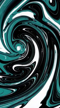 Close-up, fluid marble swirl of teal, black, and white. Liquid marble pattern swirling design, marbled fluid motion, flowing marble liquid stone swirl, dynamic marble flow. Vertical video backgrounds
