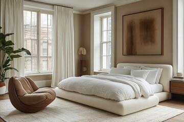 Spacious bedroom design with neutral tones and natural light in a modern urban apartment