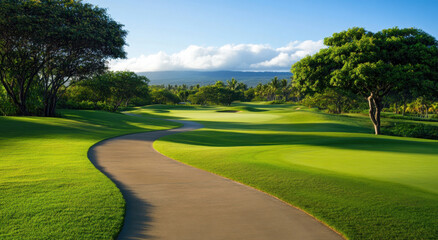 long winding concrete path leads through lush green golf course, surrounded by trees and mountains in background, creating serene and inviting atmosphere