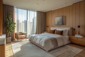 Fototapeta premium Modern bedroom interior with large windows offering city views during daytime