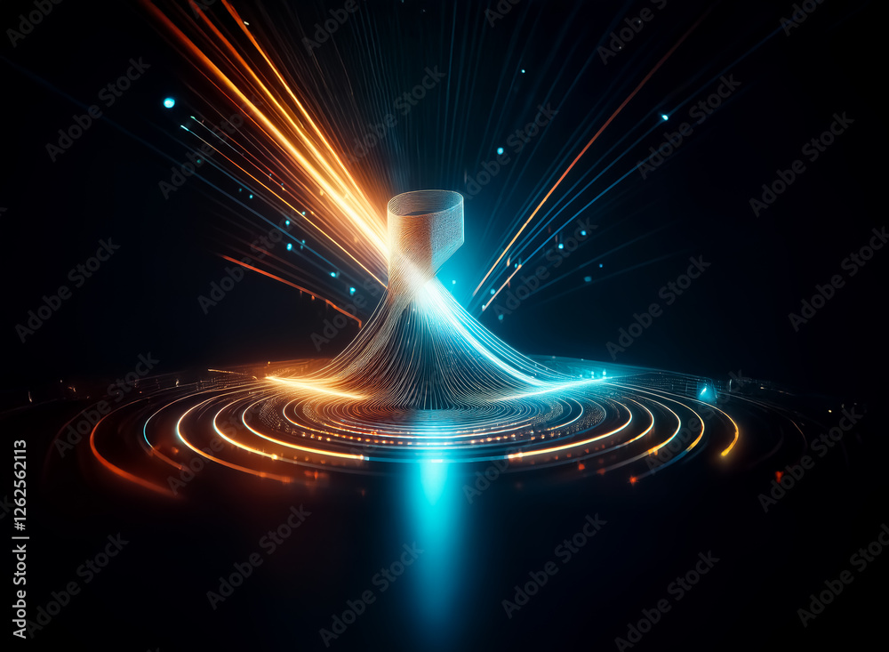 Aufkleber abstract shape with emanating orange and blue light streams, positioned above concentric circles, cr