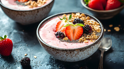 Strawberry smoothie bowl topped with granola, chia seeds, and fresh berries.