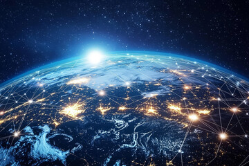 Global digital network connecting continents with glowing data streams and futuristic technology integration