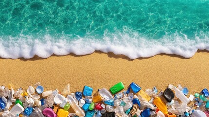 Turquoise ocean waves washing up on sandy beach, littered with colorful plastic waste.