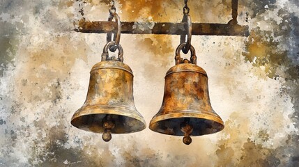 Obraz premium Evocative Watercolor Depiction of Antique Brass Bells for Vintage Charm and Timeless Elegance in Design Projects