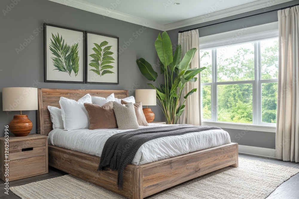 Aufkleber modern bedroom design with natural elements and a serene view during daylight hours