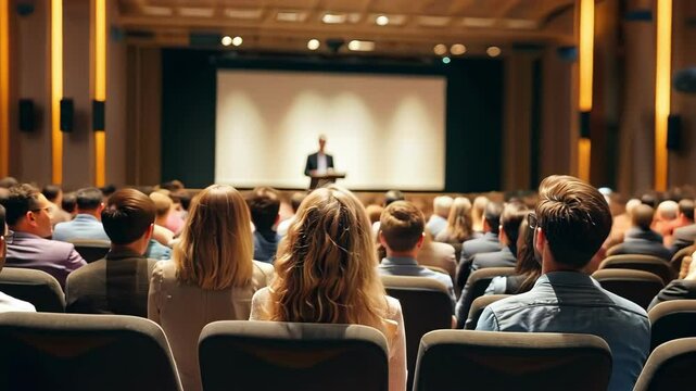 Audience attentively listening to a speaker at a conference