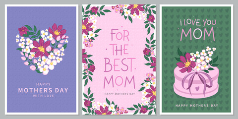 Happy Mother's Day card set, Spring summer floral design. For the best mom inscription. Vector illustration for banner, poster, label, template or cover with flowers frame. 