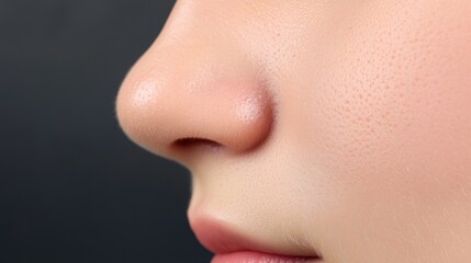 Close-up of a person's nose and surrounding skin, showcasing pores and fine facial hair, against a dark background.