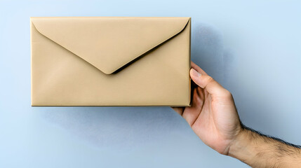 Fototapeta premium Hand holding a light brown envelope against a light blue background