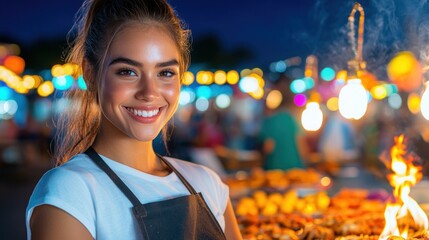 Joyful Young Woman Showcasing Grilled Specials