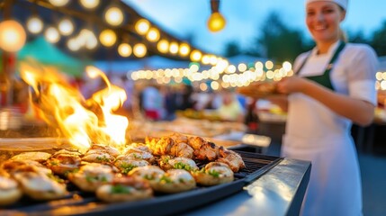 Dynamic Chef Preparing Grilled Food With Flames