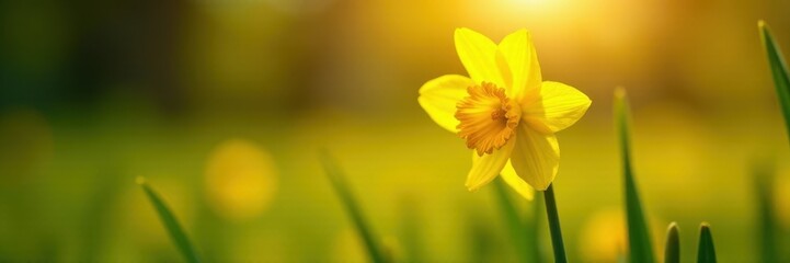 Obraz premium Bright yellow daffodil, shallow depth of field, sunlit meadow, happy, festive