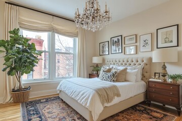 Fototapeta premium Elegant bedroom interior with natural light and decorative plants in a stylish urban apartment