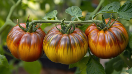 Close up of three homegrown tomatoes with rich red and yellow hues, showcasing their vibrant colors and unique patterns. These tomatoes are ripe and ready for harvest