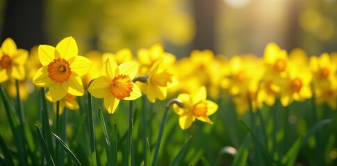 Obraz premium Carpet of daffodils basking in sunlight, green stems visible, green, botany