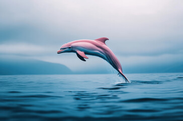 pink dolphin leaps gracefully out of calm sea, showcasing its vibrant color against misty backdrop. serene atmosphere enhances beauty of this marine creature