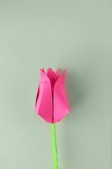 Handmade pink tulip made of paper on a green background. Mother's day, women's day concept. Vertical orientation, top view.