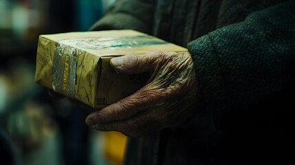 Elderly hands holding a package outdoors, blurred background, depicting poverty or need; suitable for charity or social issue campaigns