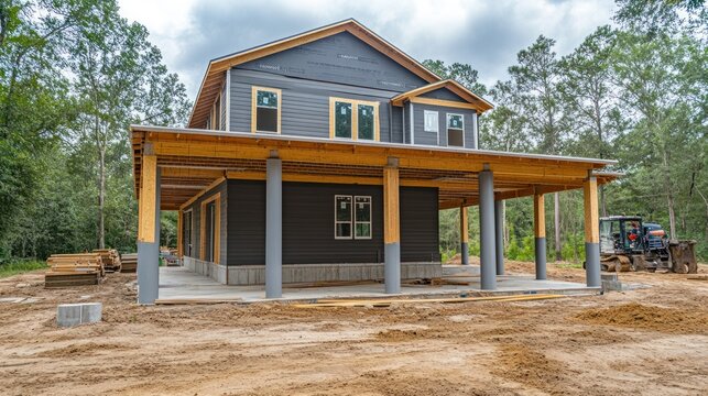 New Elevated Coastal Home Construction in Wooded Setting Under Cloudy Sky