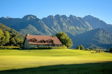 Farmhouse nestled among expansive fields with stunning mountain views