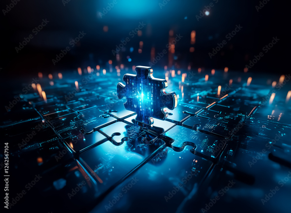 Leinwandbilder glowing puzzle piece completes circuit board, representing technological solution and connection. bl